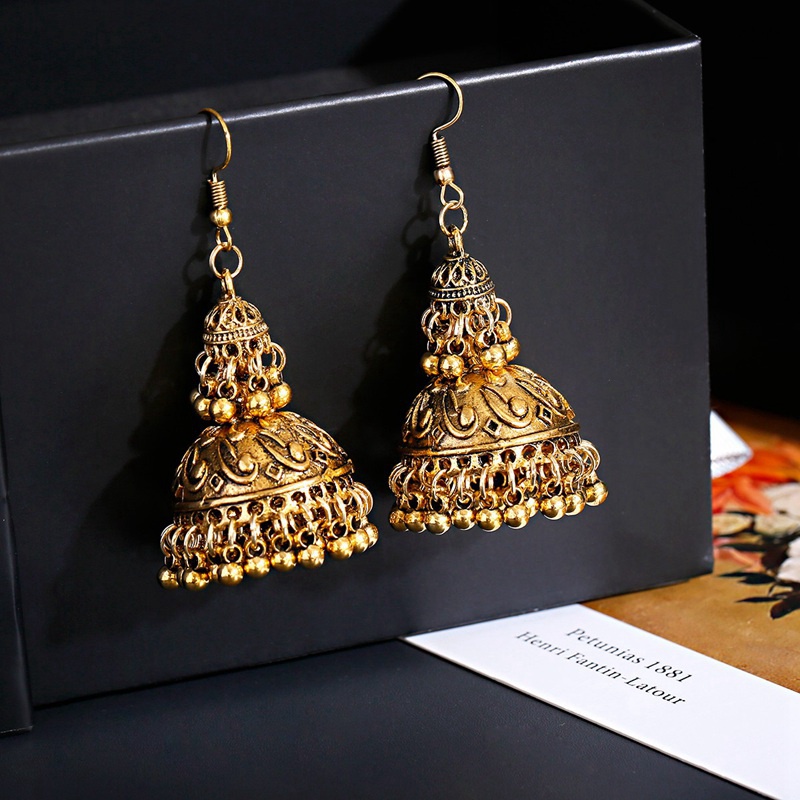 인도 티베트 보석 여성용 골드 컬러 큰 벨 줌카 귀걸이 - Ethnic Indian Fashion 리뷰 및 가격