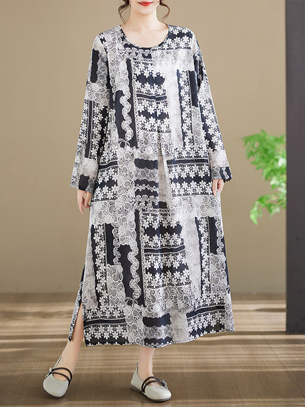 긴소매 면 프린트 원피스 라운드넥 빅사이즈 여성 패션  - Ethnic Fashion Walk 리뷰 및 가격