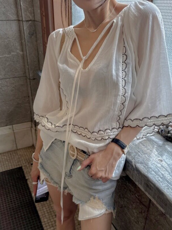 한국 스타일 패치워크 레이스업 V넥 탑 에스닉 퓨전 여 - Ethnic Fusion Fashion 리뷰 및 가격